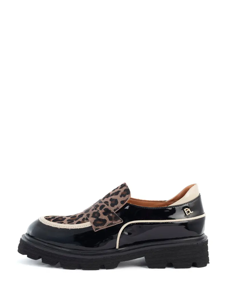 Evita Chunky Loafer In Black, Off-White & Camel Leopard 1