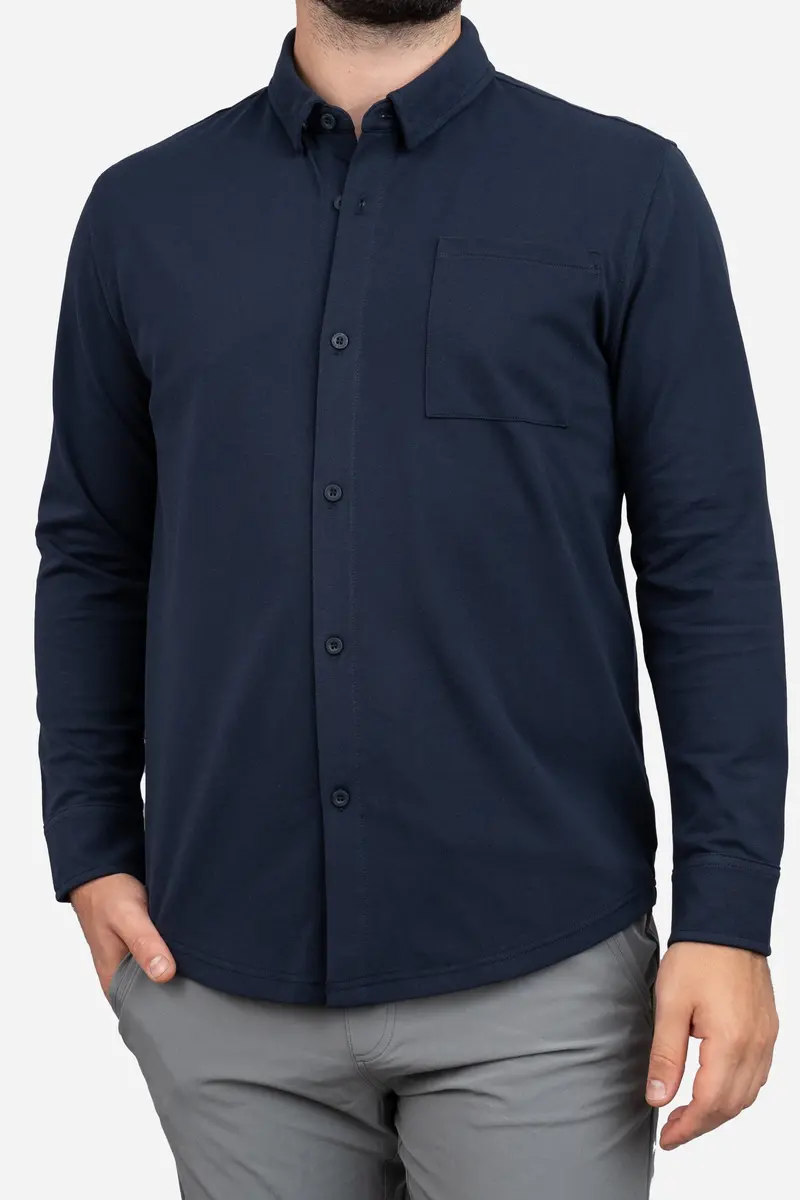 Navy Performance Pique Button-Down Shirt 1
