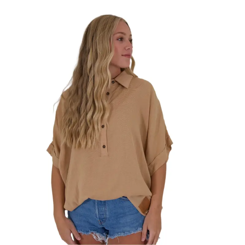 Quarter-Button Slouchy Blouse In Tan – Effortlessly Draped Casual Top 1