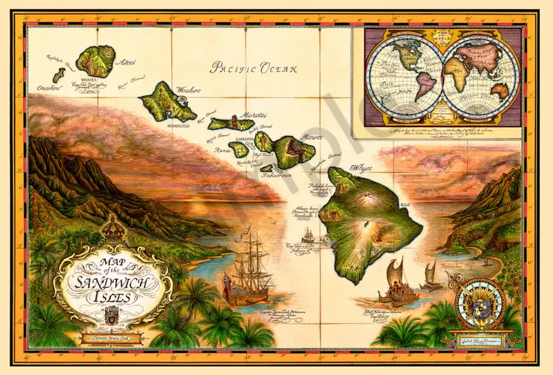 Sandwich Islands Vintage Map Print (8" X 10") By Blaise Domino 1