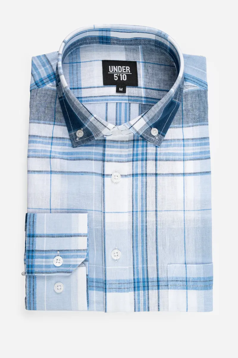 Sky Blue Plaid Linen-Blend Shirt – Breathable Summer Top 1