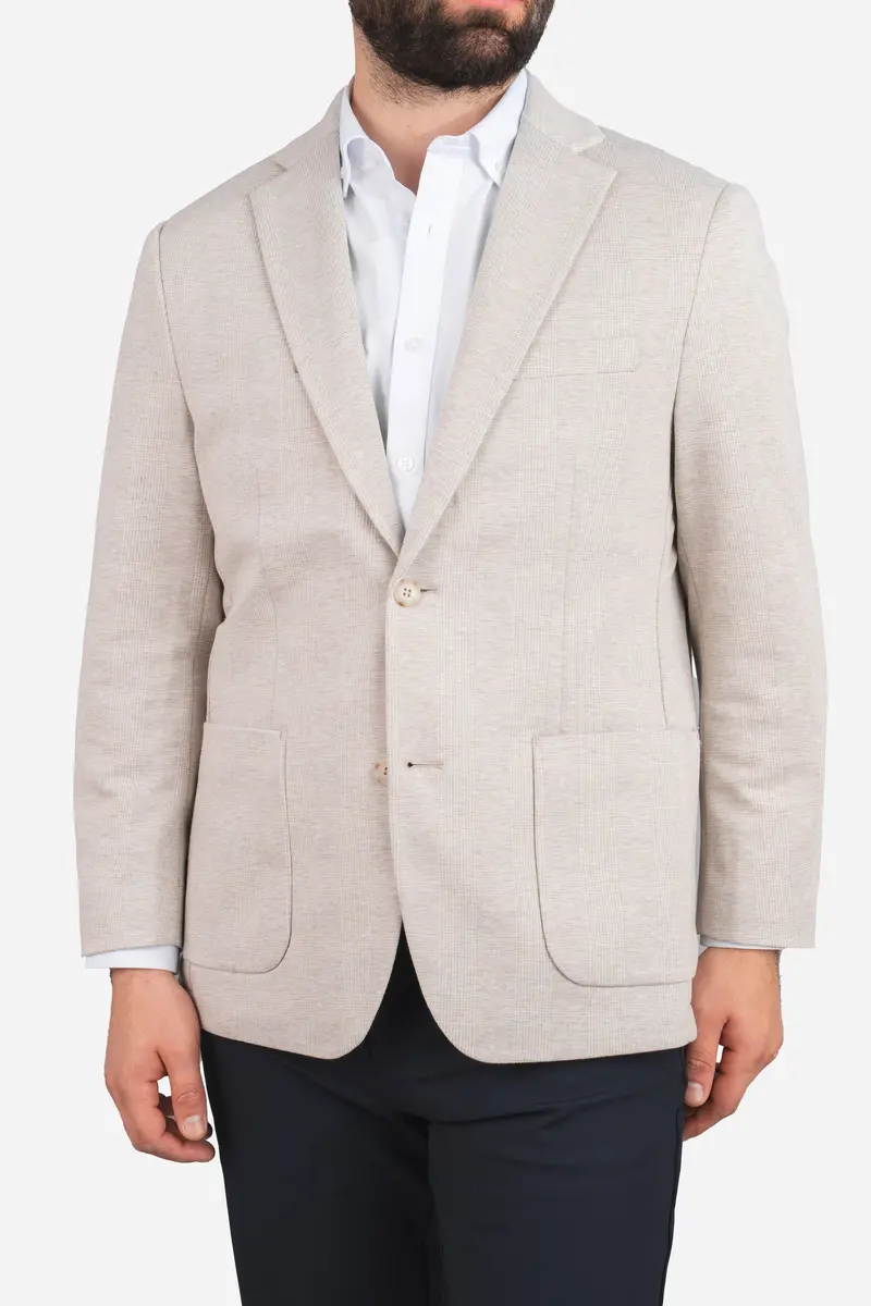 Stretch Beige Plaid Blazer For Men 1