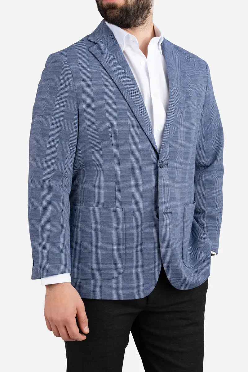 Stretch Blue Plaid Blazer For Men 1